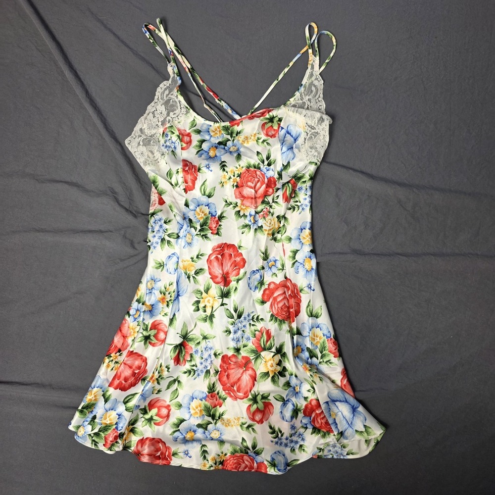 VTG Victorias Secret Women's Slip Dress Nightie Floral Satin Lace Babydoll Y2K S